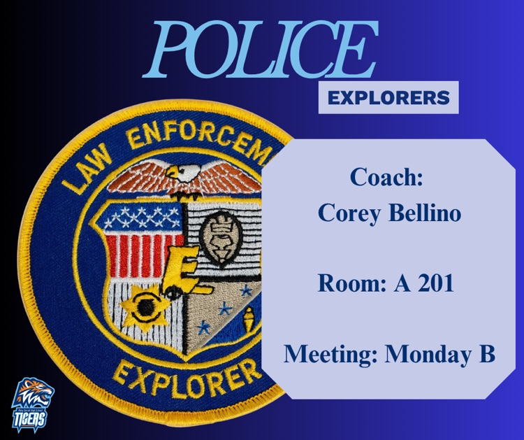 Alt Text: Law Enforcement Explorer patch with blue and gold colors, badge and eagle design, and Carroll Tigers logo.