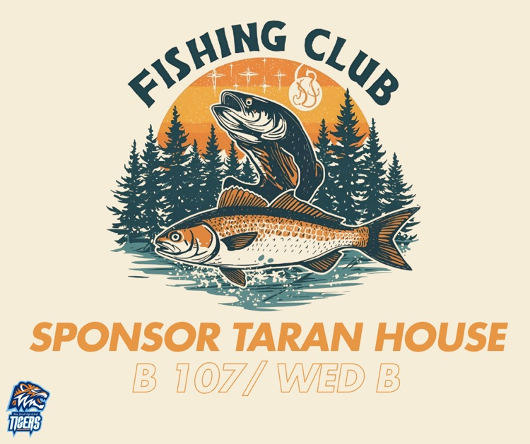 Alt Text: Illustrated fish jumping in front of trees and sunset with “Fishing Club” title in orange tones.