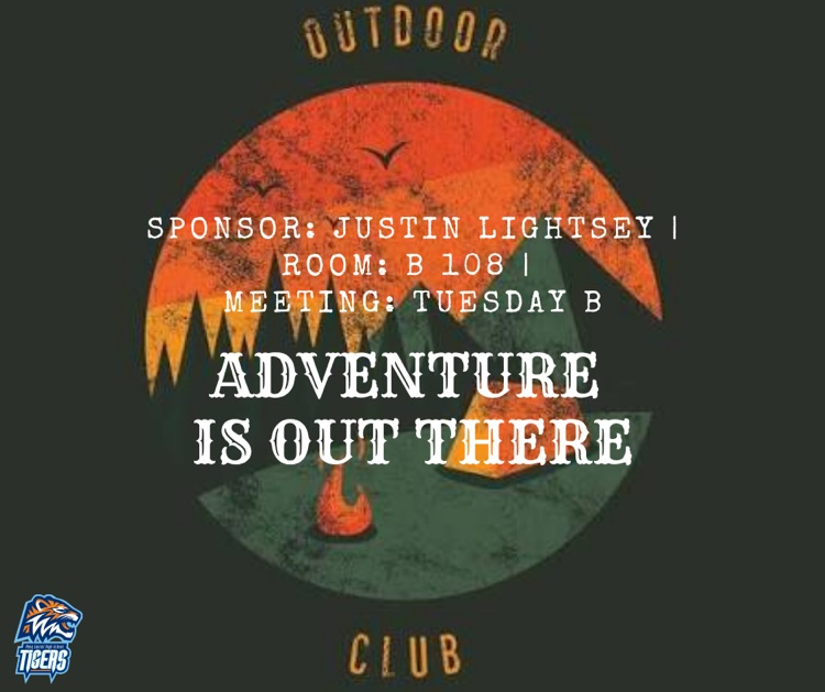 Alt Text: Retro-style Outdoor Club logo with mountains, sunset, and trees in orange and green colors.