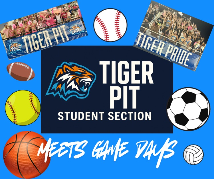 Alt Text: Carroll Tiger Pit student section photos with cheering fans, sports balls, and Tiger Pride logo on a blue background.