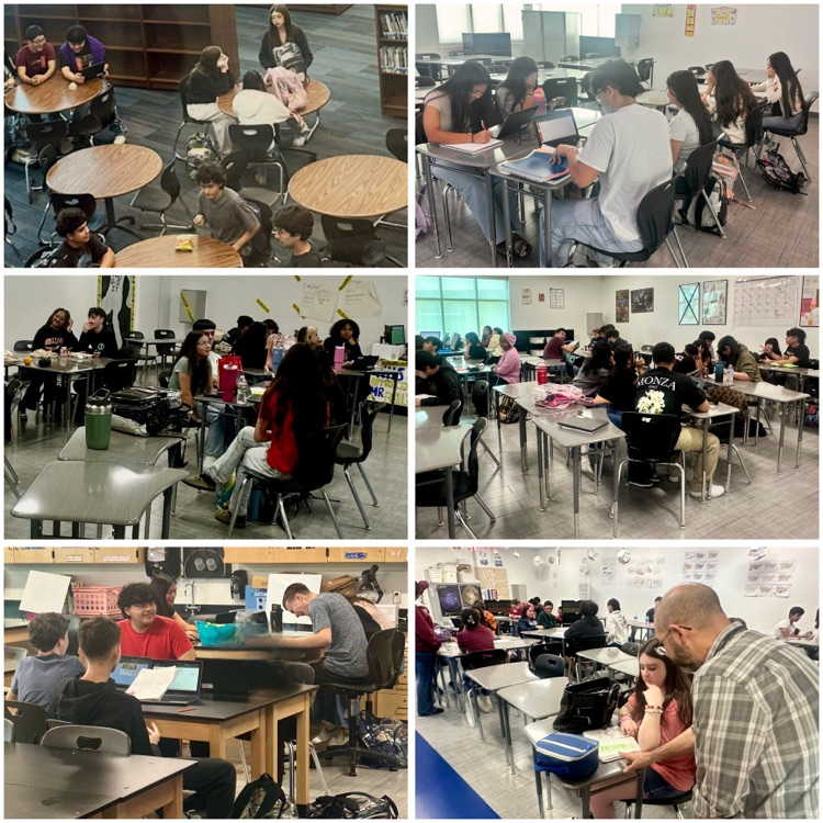 Alt Text: Collage of students in classrooms and the library during Tiger Time 2.0, collaborating, studying, and working with teachers and peers.