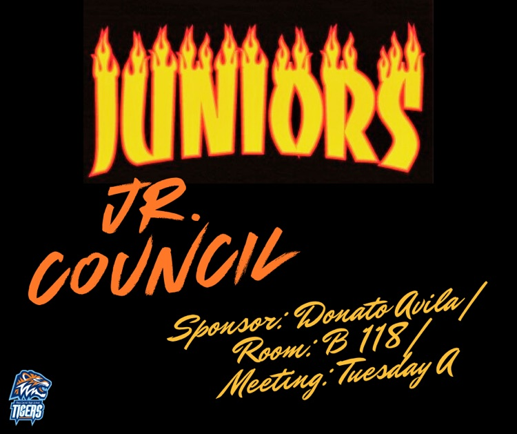Alt Text: Blue and silver “Junior Council” graphic with stars and Tiger mascot detail.