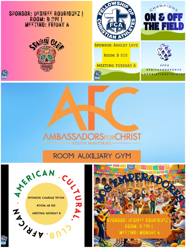 Alt Text: Collage of Cultural & Faith-Based club graphics including Spanish Club, Los Emperadores, FCA, AFC, and African American Cultural Club.