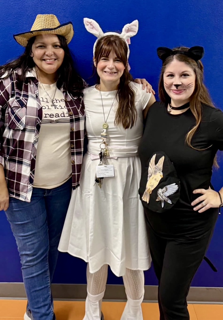 Three English teachers dressed as Animal Farm characters — one in a plaid shirt and cowboy hat, one in a white bunny outfit, and one in black cat ears and whiskers — posing together in front of a blue wall.