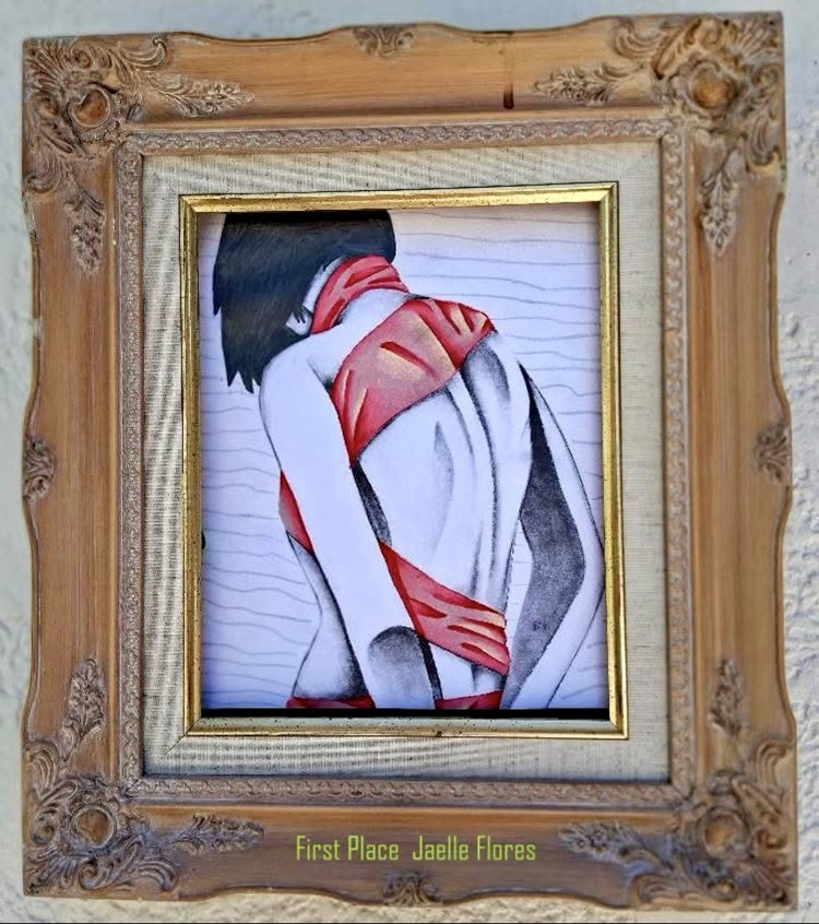 Alt text (for both images): Two student artworks from Mary Carroll High School in the “Breast Cancer: A Student’s Perspective” exhibit—one featuring a stylized figure with a red scarf, the other a colorful background with flowers and swirls.