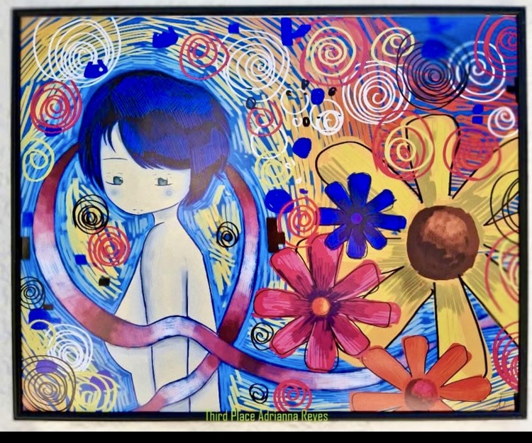 Alt text (for both images): Two student artworks from Mary Carroll High School in the “Breast Cancer: A Student’s Perspective” exhibit—one featuring a stylized figure with a red scarf, the other a colorful background with flowers and swirls.