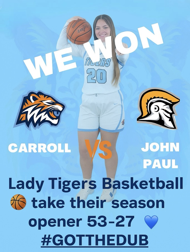 A Carroll High School basketball player in a white and blue uniform holds a basketball and smiles confidently against a light blue background with a faint tiger graphic.