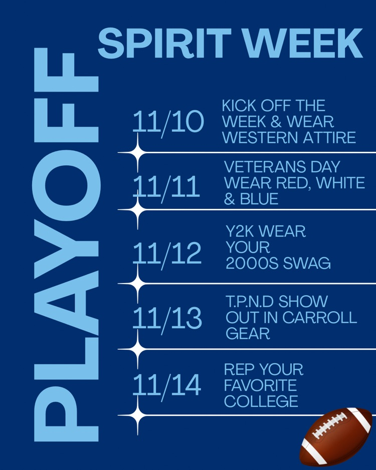 A blue graphic titled “Playoff Spirit Week” lists themed dress-up days for November 10–14
