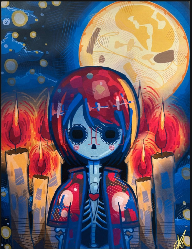 Alt Text: A colorful Día de los Muertos–style artwork featuring a stylized skeleton figure surrounded by glowing candles and a bright moon.