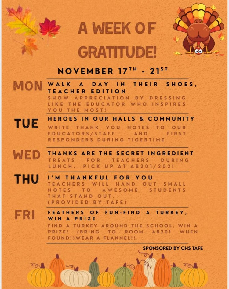 Alt Text: A fall-themed flyer titled “A Week of Gratitude” with pumpkins, leaves, and a cartoon turkey. It lists themed gratitude activities for each day from Monday through Friday, sponsored by CHS TAFE.