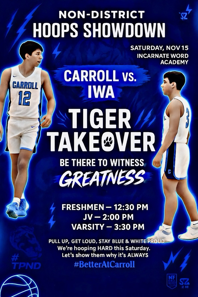 Text promotes the non-district “Tiger Takeover” game against IWA with game times and hype elements like lightning bolts, bold fonts, and a tiger graphic in the background.