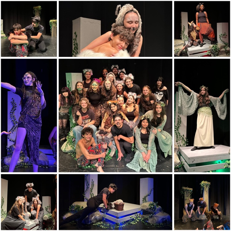 Collage of students performing in a jungle-themed theater production, featuring actors in animal costumes, dramatic poses, and a full cast group photo on stage.