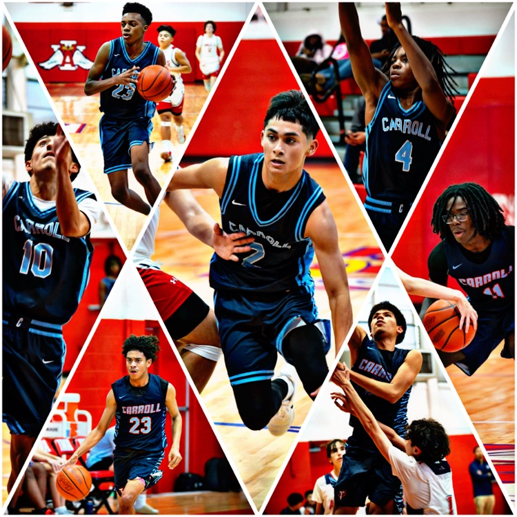 Collage of Carroll boys basketball players in blue uniforms making plays during a game against IWA.