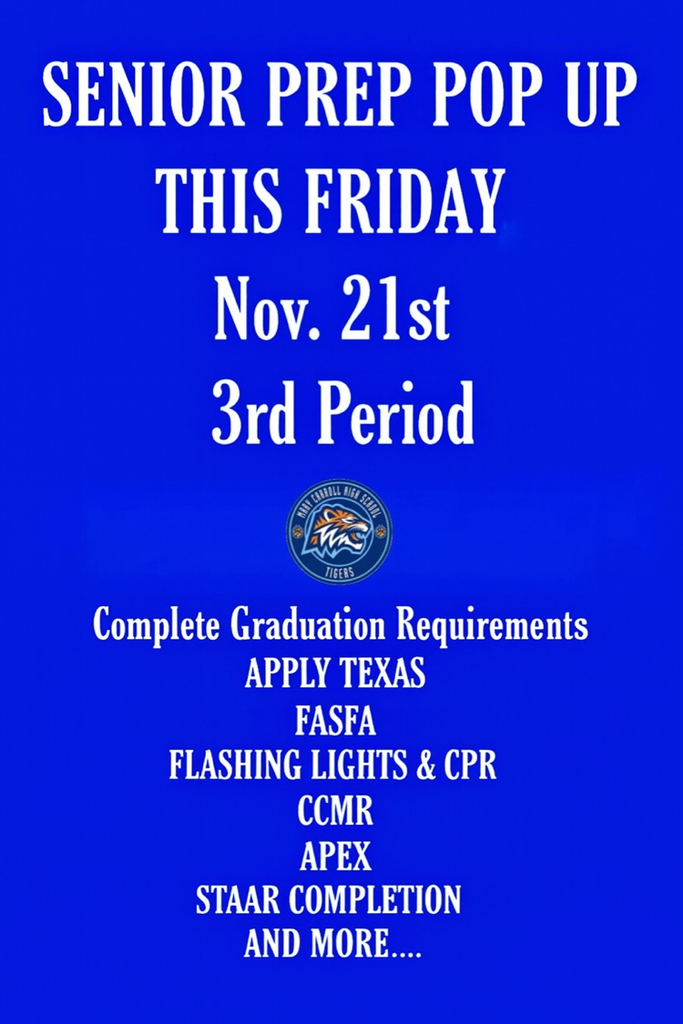 “Blue flyer announcing Senior Prep Pop-Up on Nov. 21st during 3rd period with graduation requirement checklist.”