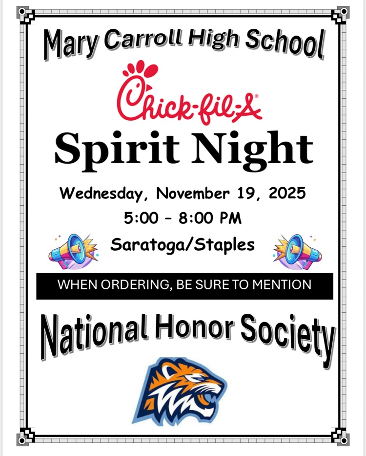 Flyer for Carroll NHS Chick-fil-A Spirit Night with event details.