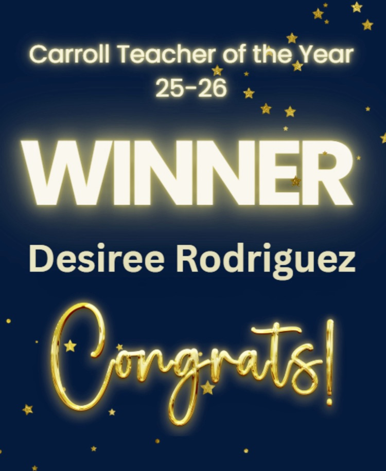 “Teacher holding flowers and posing with a Teacher of the Year banner alongside students and staff.” 