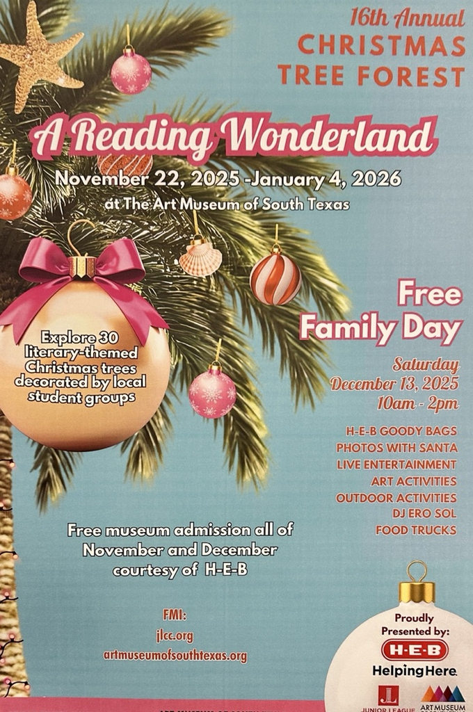 Students and sponsors from Carroll pose proudly beside their decorated literary-themed Christmas trees at the Art Museum of South Texas.