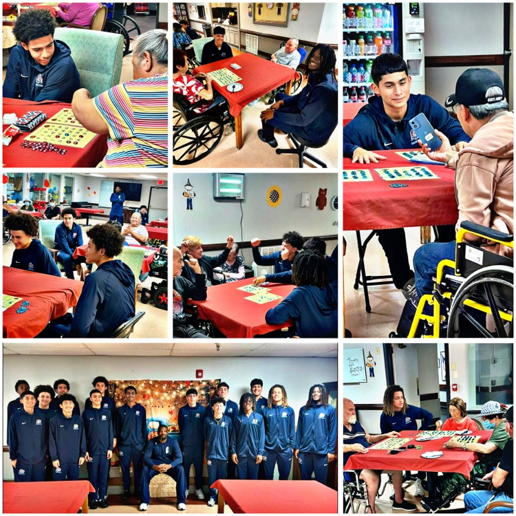 Alt text: Boys basketball players visiting The Palms, playing bingo and talking with residents.