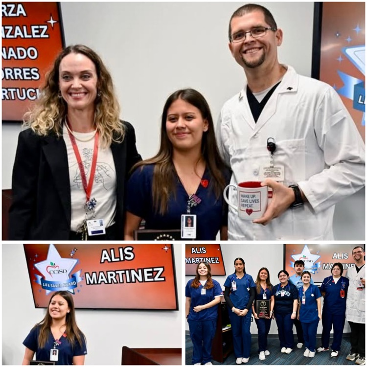 Alt Text (short): Carroll student Alis Martinez receiving the CCISD Life Saver Award alongside teachers and classmates.