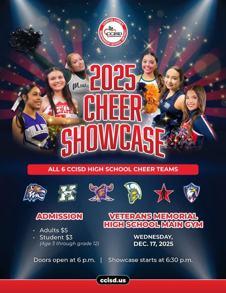 Flyer announcing the 2025 CCISD Cheer Showcase on December 17 at Veterans Memorial High School.