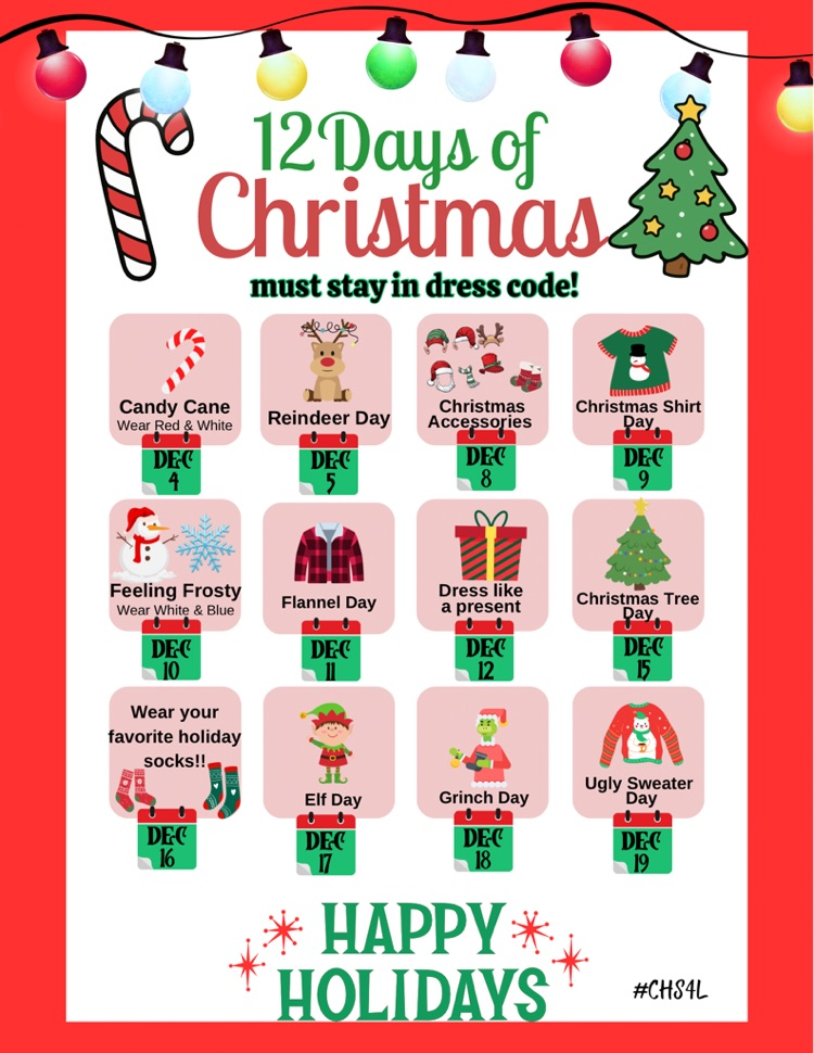 : “12 Days of Christmas dress-up schedule for Carroll High School with themed days from Dec. 4–19
