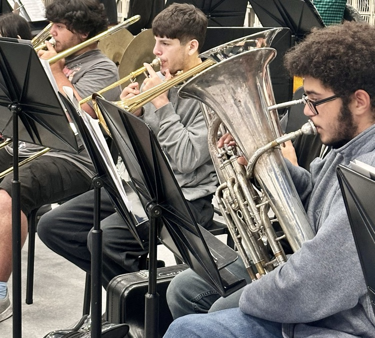 Alt text: Students in band rehearsal playing flutes, brass instruments, and timpani drums while preparing for a holiday concert.