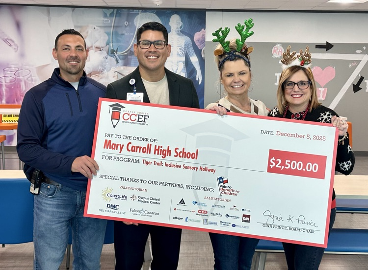 Alt Text: Photos show Ms. Evans and Carroll staff celebrating a $2,500 CCEF grant award, holding a large presentation check in classrooms and group settings.