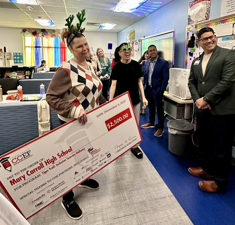 Alt Text: Photos show Ms. Evans and Carroll staff celebrating a $2,500 CCEF grant award, holding a large presentation check in classrooms and group settings.