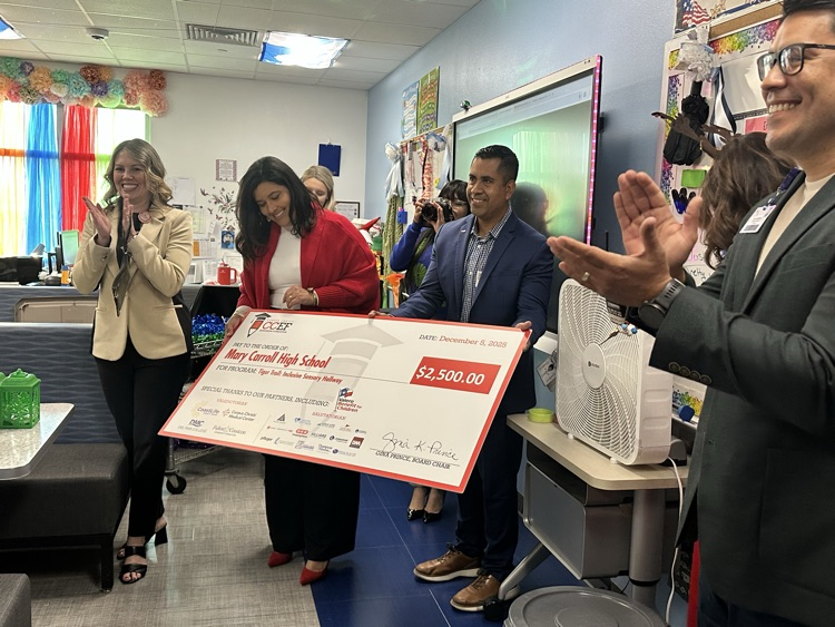 Alt Text: Photos show Ms. Evans and Carroll staff celebrating a $2,500 CCEF grant award, holding a large presentation check in classrooms and group settings.