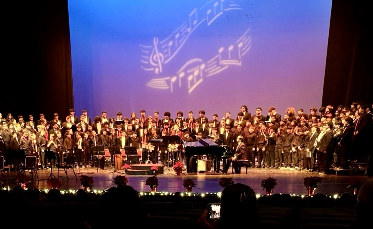 Flyer for the CCISD Holiday Choir Concert alongside photos of Carroll choir students performing onstage in black concert attire, singing
