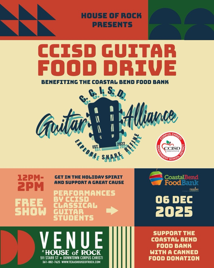 A stage full of CCISD high school guitar students performing under red and green spotlights at House of Rock.