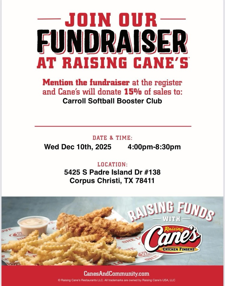 Carroll Softball fundraiser graphic promoting Cane’s Night on Dec. 10 from 4–8:30 PM, encouraging supporters to mention the team for donations.