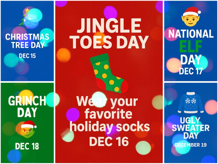 Alt Text: A festive school spirit week graphic listing holiday dress-up days from December 15–19 with holiday-themed icons and colorful backgrounds.