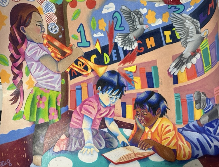 Colorful student artwork showing children reading together in a library, with books, letters, numbers, birds, and a trumpet representing creativity, learning, and imagination.