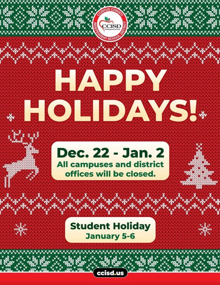  Alt Text: Red and green holiday sweater-style graphic with festive knit patterns and reindeer. Text reads “Happy Holidays!” with dates listed for campus and office closures from Dec. 22–Jan. 2 and student holiday dates Jan. 5–6.