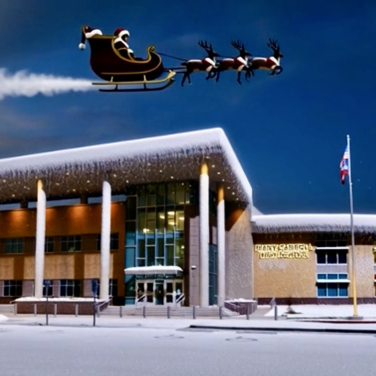 Nighttime image of Santa’s sleigh flying across the sky above a school campus decorated with winter lighting, creating a festive holiday scene.