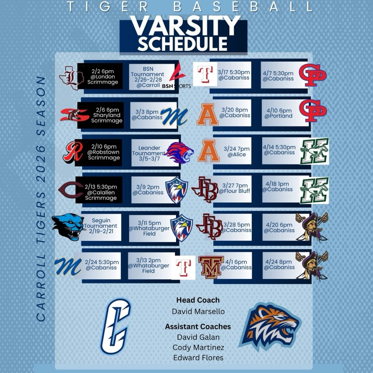 Blue-and-white graphic showing the Carroll Tigers 2026 varsity baseball schedule with dates  