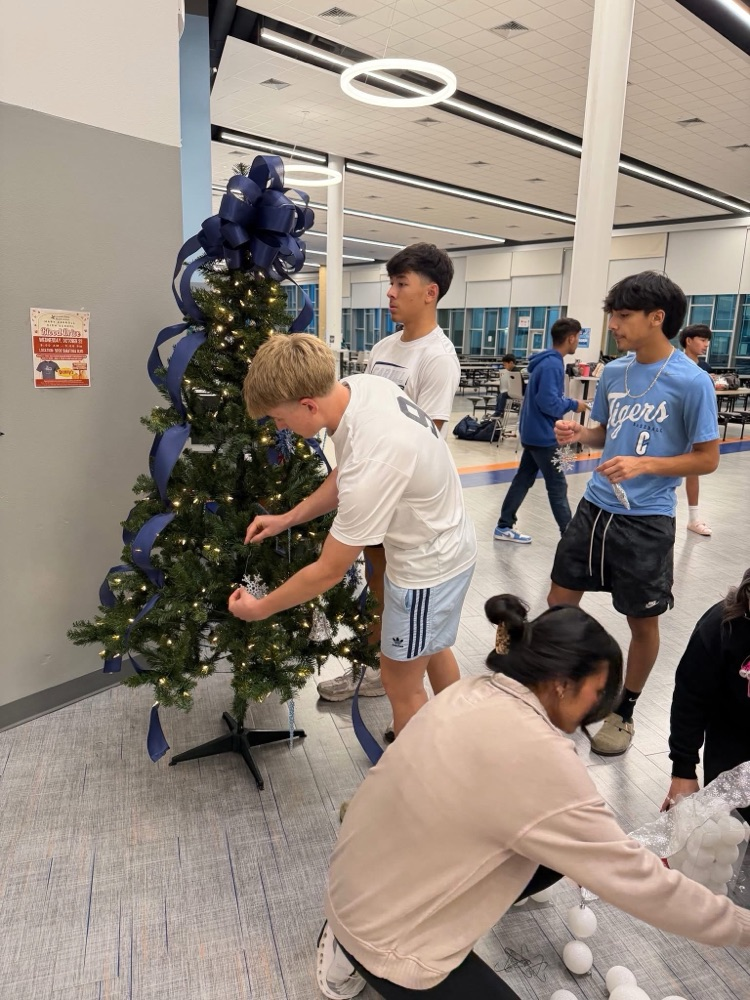 Carroll Tigers baseball players decorate a blue-and-white Christmas tree inside the school