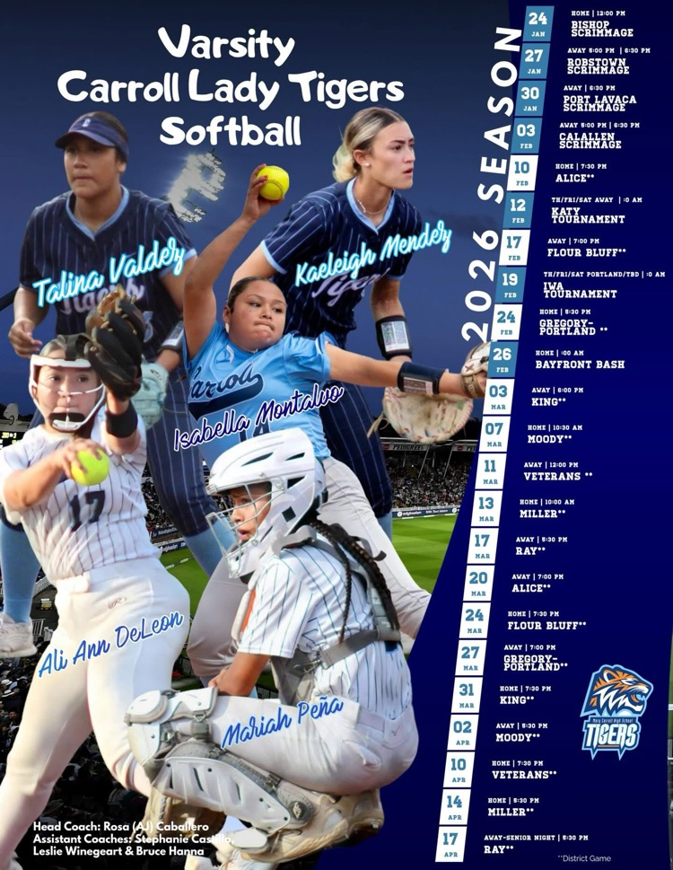 Blue-and-white graphic displaying the Carroll Lady Tigers softball schedule with game dates, opponents, times, and locations listed for the season.
