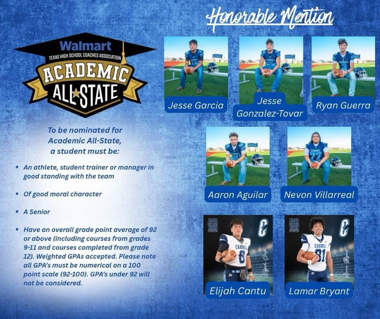 Blue academic recognition graphics highlighting Carroll High School football players