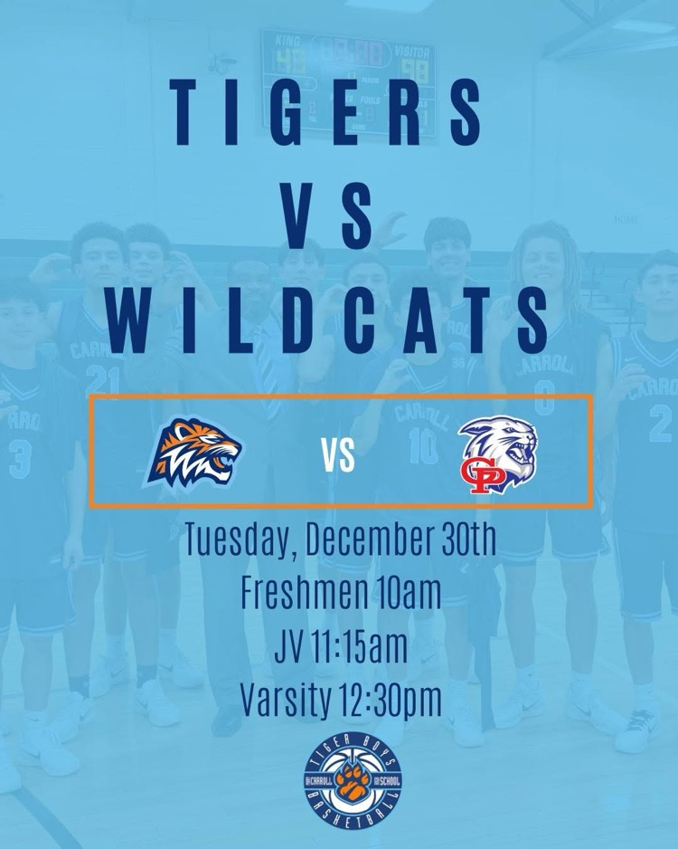 Varsity boys basketball team graphic showing Tigers vs Wildcats game details.