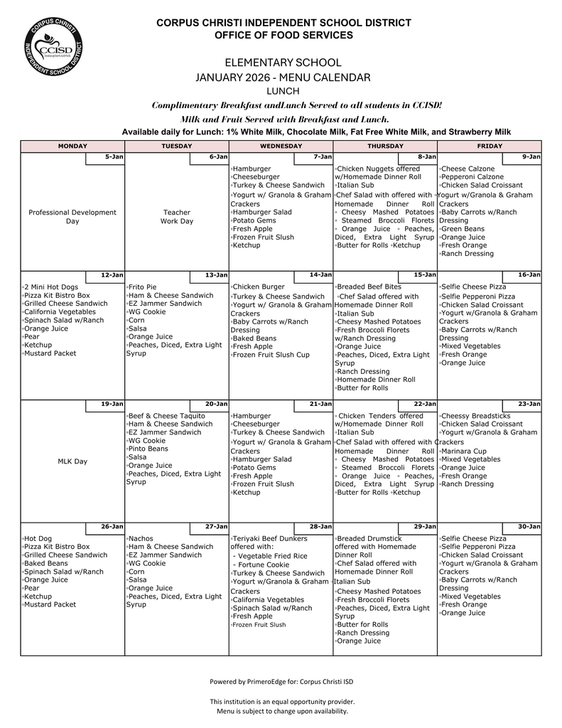 January 2026 Lunch Menu 