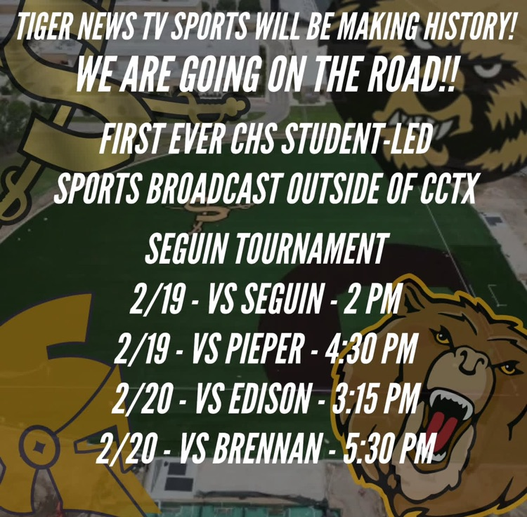 Graphic announcing Tiger News TV Sports’ first-ever student-led out-of-town broadcast at the Seguin Tournament, Feb. 19–20.