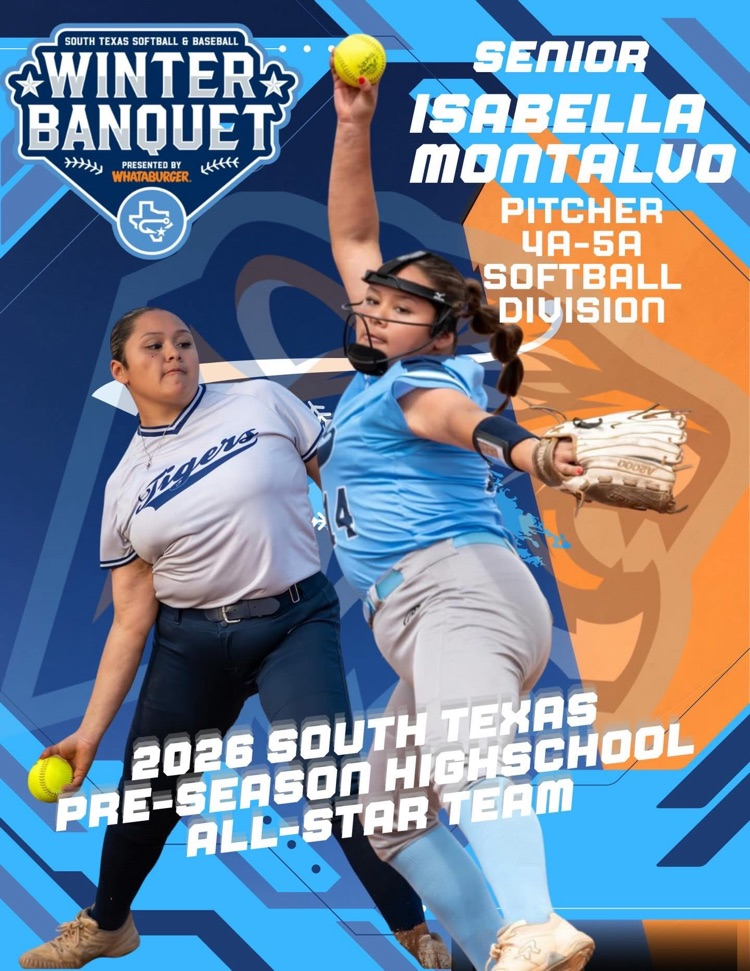 Two Carroll senior softball players in action poses—one fielding at second base and one pitching—featured on a South Texas Softball & Baseball Winter Banquet graphic recognizing them as 2026 preseason high school all-stars.