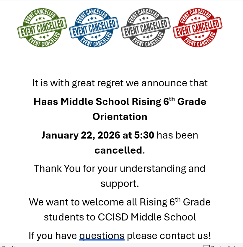 6th Grade Orientation Cancelled