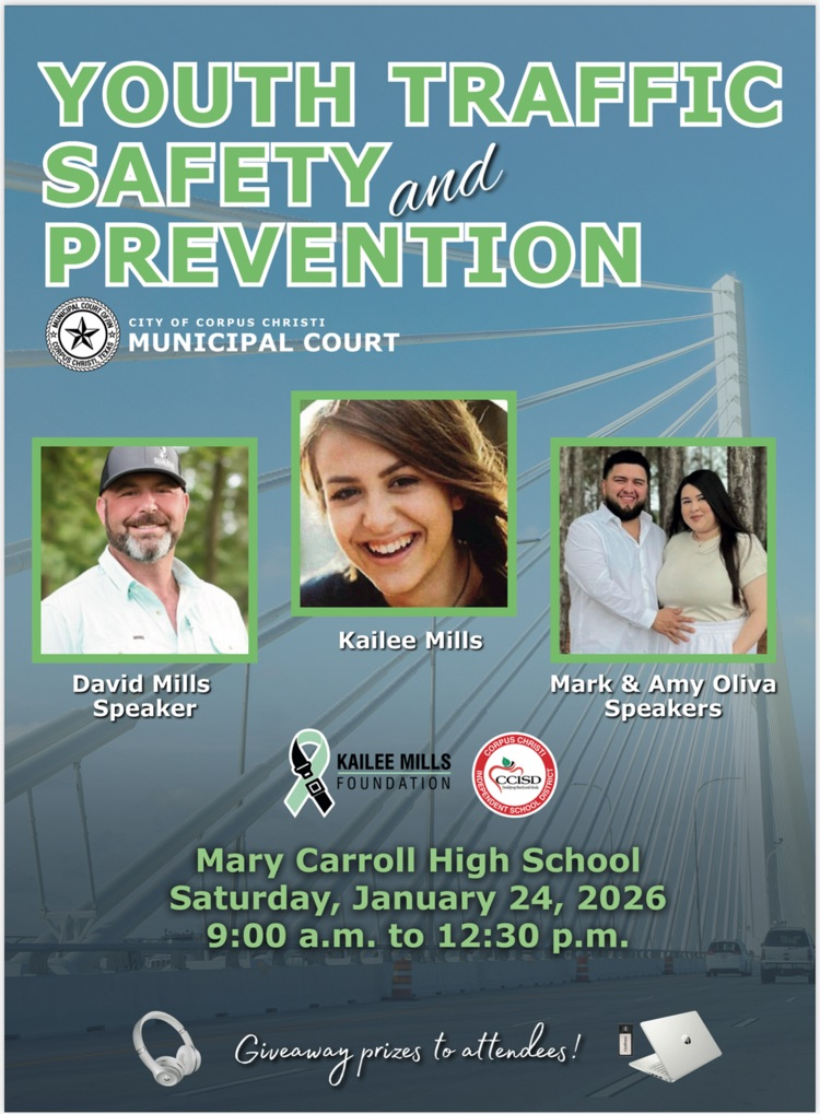 Youth Traffic Safety and Prevention event flyer with speakers David Mills, Kailee Mills, and Mark & Amy Oliva, held at Mary Carroll High School on January 24, 2026, from 9:00 a.m. to 12:30 p.m., with giveaways.