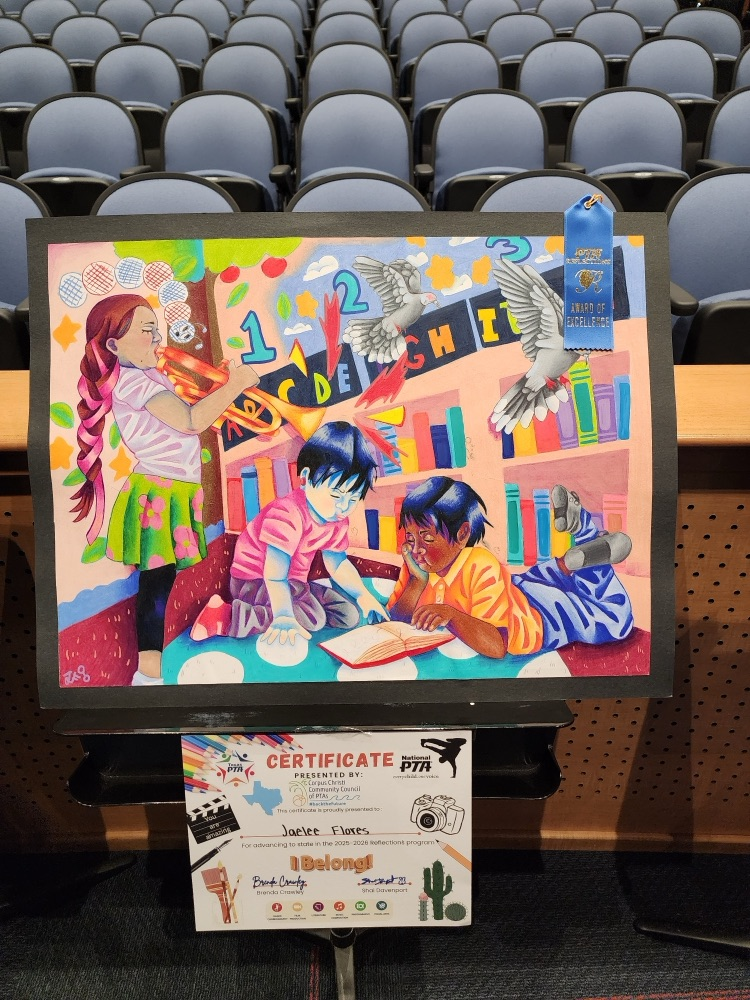 Student holds a colorful award-winning artwork alongside family members in an auditorium, celebrating advancement to the state PTA Reflections contest.