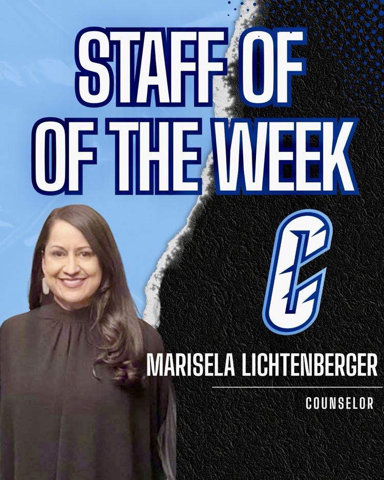Graphic announcing Marisela Lichtenberger as Carroll High School Staff of the Week with her photo and Carroll logo.