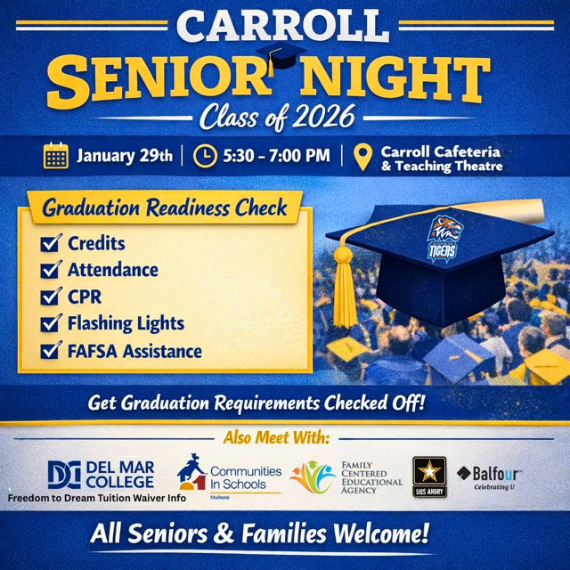 Flyer of senior night in the cafeteria beginning at 5:30 pm. 