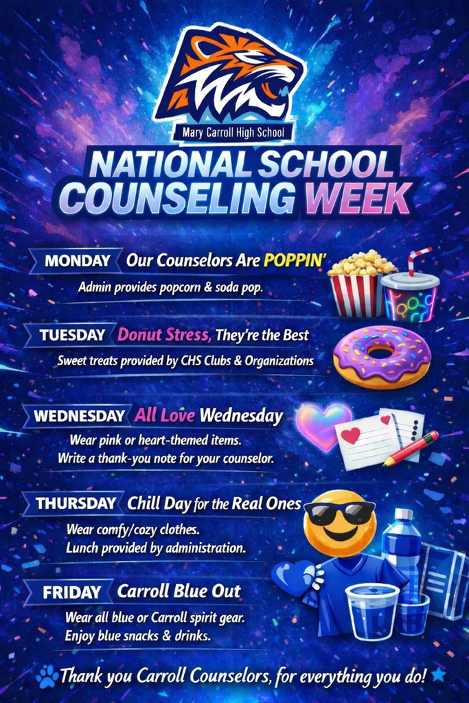 National School Counseling Week flyer with Carroll High School colors showing daily themed activities and appreciation for school counselors.